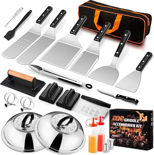 25Pcs Griddle Accessories Kit for Blackstone, Joyfair Stainless Steel Flattop Grilling Spatula Accessory Tools Set with Smash Burger Press Basting Cover for Outdoor BBQ Hibachi Cooking (ABS Handle)