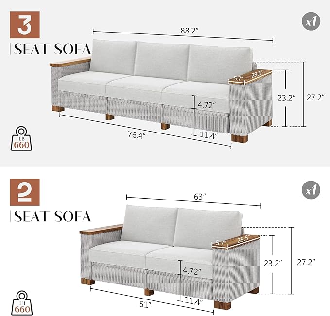 5-Piece Patio Furniture Sets, Wicker Sofa Set with 5.9" Wider Solid Wood Armrest, Outdoor Conversation Set with Wood Legs, Patio Sectional Set for Backyards, Porch, Poolside, Garden