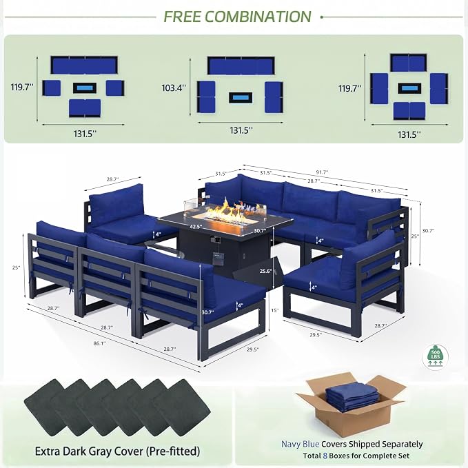 RADIATA 9 Piece L Shaped Contemporary Aluminum Outdoor Furniture Set with Firepit, 29 inch Deep Wide Large Couch Set, 500 lbs High Weight Capacity Modular Patio Sectional Sofa for Exterior, Navy Blue