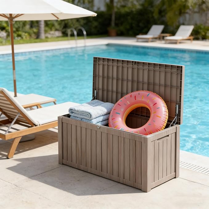 120 Gal Waterproof Outdoor Storage Deck Box, UV-Resistant & Lock Lid Resin | Heavy-Duty Large Patio Outside Cushions for Garden Tools,Pool Accessories,Package Delivery,Chest,Toys,Furniture