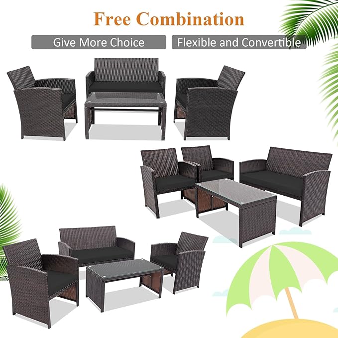 HAPPYGRILL 4 Pieces Rattan Conversation Set Outdoor Wicker Furniture Set with Tempered Glass Coffee Table, Soft Cushions, Weather-Resistant Rattan Chair Set for Garden Backyard Poolside (Black)
