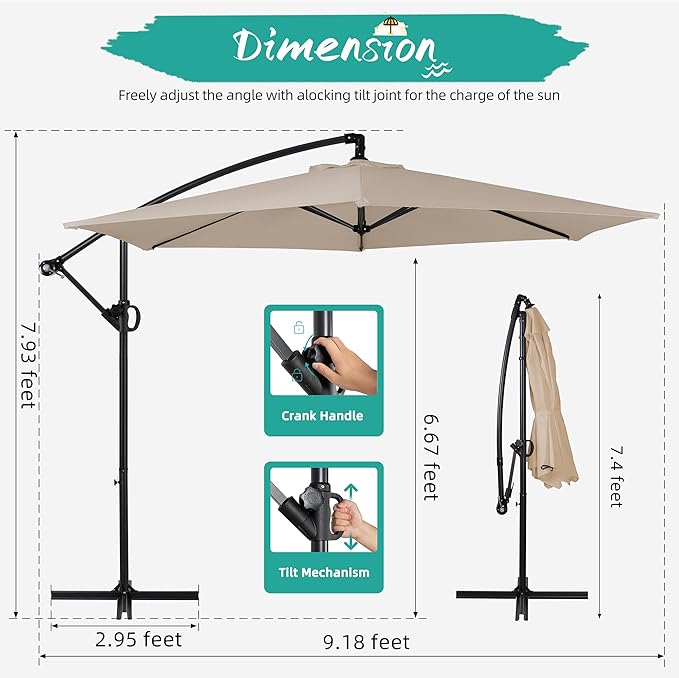 Shintenchi Offset Patio Umbrella with Easy Tilt Adjustment,Crank and Cross Base, Outdoor Cantilever Hanging Umbrella, Sunshade Free Standing Canopy, Khaki
