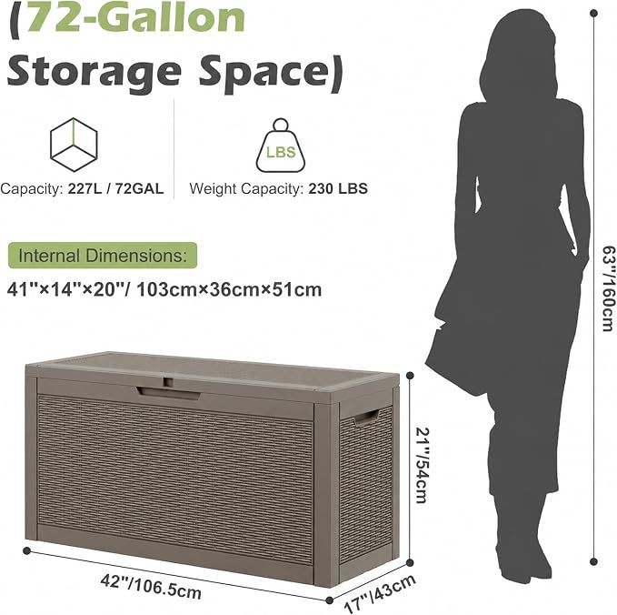 72 Gallon Outdoor Storage Box, Waterproof Resin Deck Box with Lockable Lid – Storage Cabinet for Patio Furniture, Pool Supplies, Garden Tools – Indoor & Outdoor Use