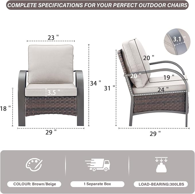 Belord Wicker Patio Chairs Set of 2-300LBS Weight Capacity Oversize Outdoor Patio Chairs with High Backrest Metal Curved Armrest, All Weather PE Rattan Outdoor Seating for Porch Deck Backyard