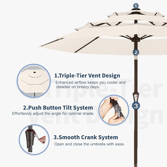 10FT Patio Umbrella 3 Tiers Outdoor Market Umbrella w/Push Button Tilt, Crank, UV and Waterproof Table Umbrella for Garden, Pool, Backyard, Deck, Lawn, Creamy White