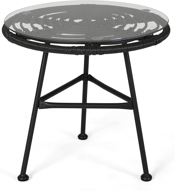 Rattan Outdoor Side Table with Tempered Glass Tabletop, Weather-Resistant Patio End Table, Stable Steel Frame for Balcony, Porch, Deck, Grey