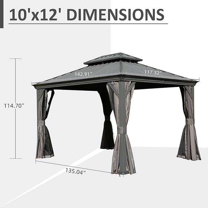 Domi 10’x12’ Hardtop Gazebo with Gutters, Outdoor Metal Gazebo for Patios with Galvanized Steel Double Roof, Heavy Duty Curtains and Netting Included, Pergola for Backyard, Garden Lawn, Deck, Grey