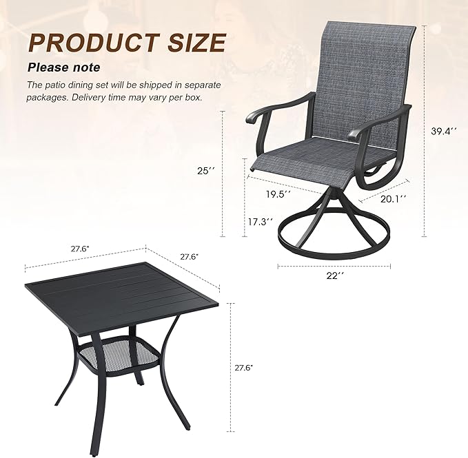 VICLLAX Patio 3 Pieces Outdoor Bistro Table Set, 28" Square Metal Table and 2 Swivel Textilene Chairs, Patio Dining Set for Patio, Lawn, Garden, Porch, Black/Dark Grey
