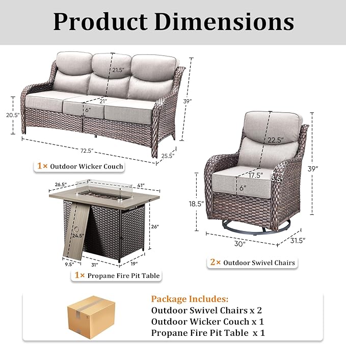 Luxury High Back Patio Furniture Set with Fire Pit Table, 4-Pieces Outdoor Furniture with 6" Thick Cushions Swivel Chairs, Wicker Conversation Set for Porch, Balcony, Deck and Yard, Brown/Beige