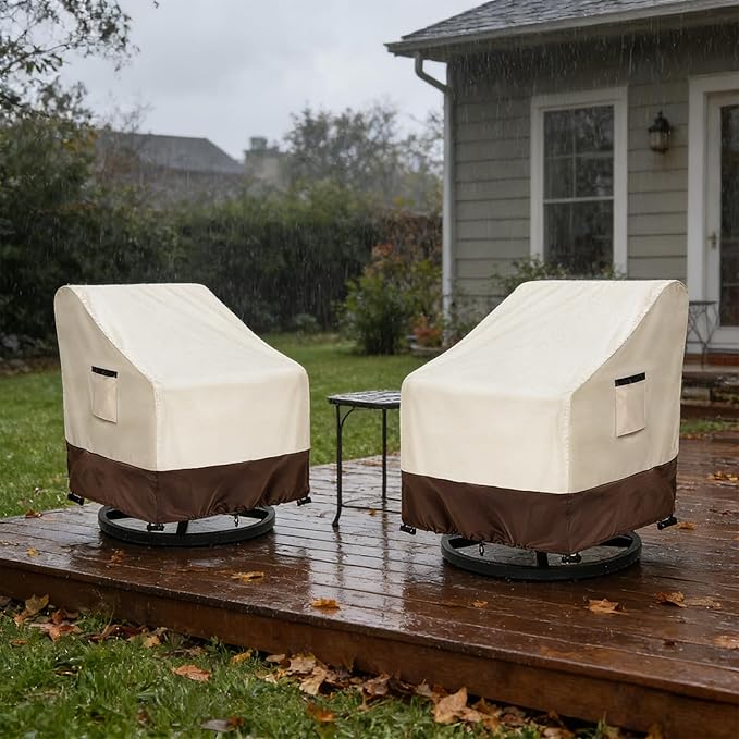 Outdoor Swivel Chair Covers 2 Pack, 35 W x 37 D x 38.5 H inches, 600D Heavy Duty Waterproof Patio Chair Cover, Outdoor Furniture Covers for Lawn/Garden Chiars, Lvory&Brown