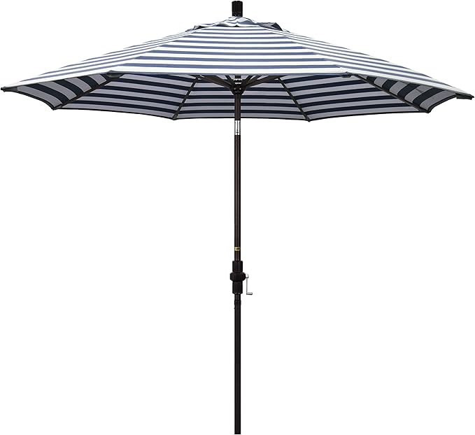 California Umbrella 9' Round Aluminum Patio Umbrella, Crank Lift, Collar Tilt, Bronze Pole, Navy/White Stripe Olefin