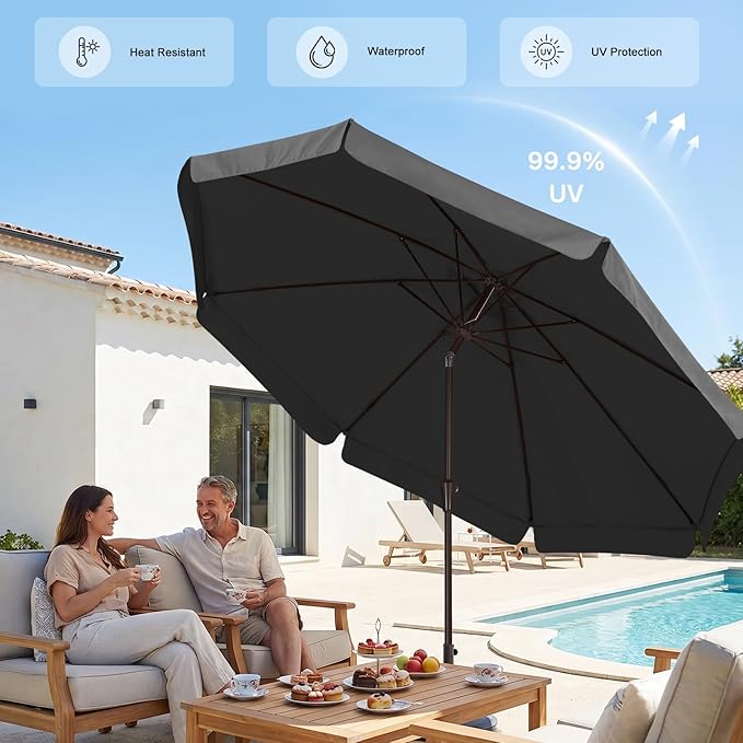ABCCANOPY 9ft Scalloped Patio Umbrella, Outdoor Table Umbrella with Tilt and Crank, Fiberglass Ribs Deck Umbrella for Patio, Pool, Garden, Picnic (Dark Gray)
