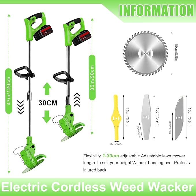 Electric Cordless Weed Wacker, 21V Electric Weed Wacker Eater with Battery Charger, 3 in 1 Grass Trimmer with 4 Types Blade, Lightweight Adjustable Design for Lawn, Yard