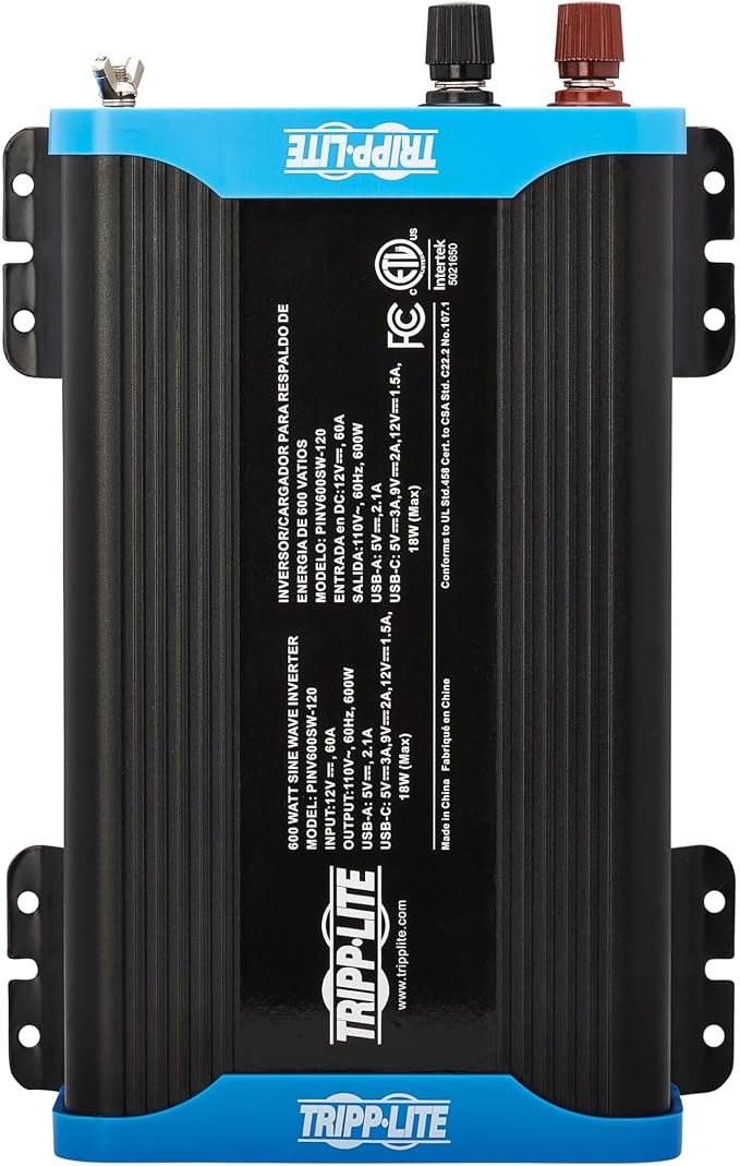 Tripp Lite 600W Compact Pure Sine Wave Power Inverter, 3 Outlets, 1 USB + 1 USB-C Charging Ports, Remote Control via RJ12 Telephone Cable, Included Mounting Brackets, 2-Year Warranty (PINV600SW-120)