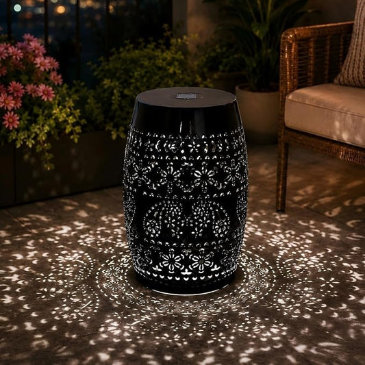 12" Outdoor Solar Side Table, Multi Functional Decorative Cutout Metal Round Side Table, Coffee Table, Night Stand, Plant Stand for Patio, Garden, Backyard, Gazebo Indoor (Black)