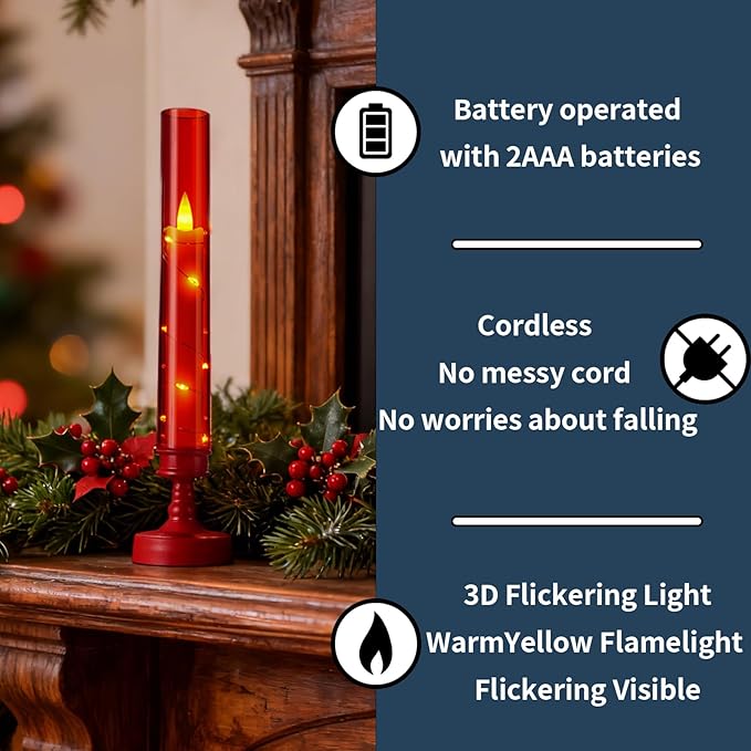 6 PCS Flameless Candles with Timer, Flickering Flameless LED Pillar Candles for Romantic Ambiance with Embedded Star String, Acrylic Battery Perated Fake Candles for Home Decoration (Red)