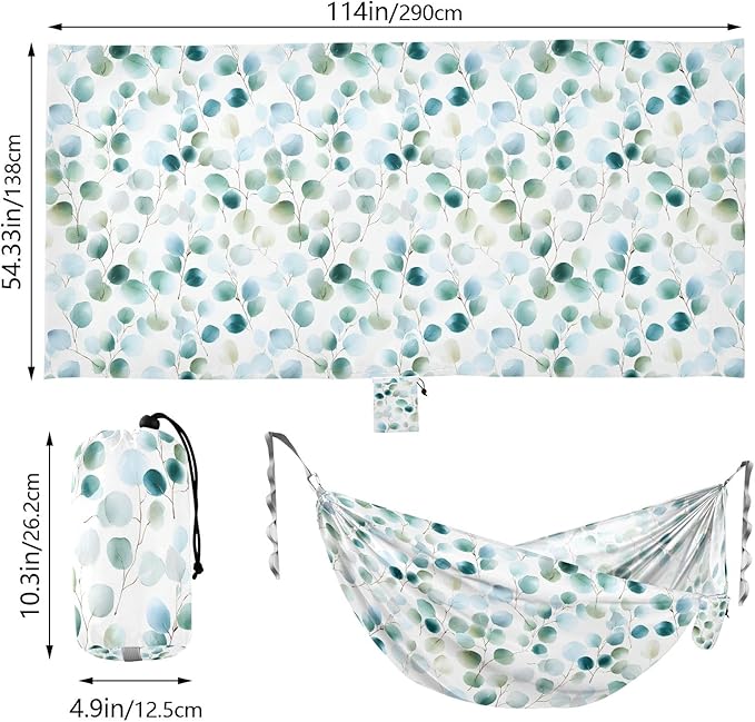 Camping Hammock Outdoor Hammocks for Outside Eucalyptus Leaf Watercolor Beach Trees Portable Lightweight with Pockets Tree Straps Indoor