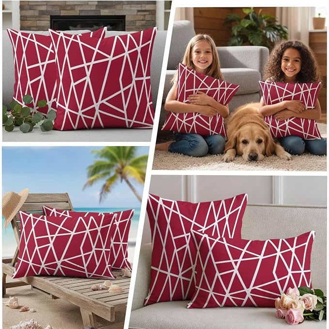 Outdoor Pillow Covers Waterproof, Red Geometric Decorative Square Throw Pillowcases Patio Cushion Covers for Tent/Garden, 18" x 18" 2 Pack, Abstract Stripes Modern Minimalist