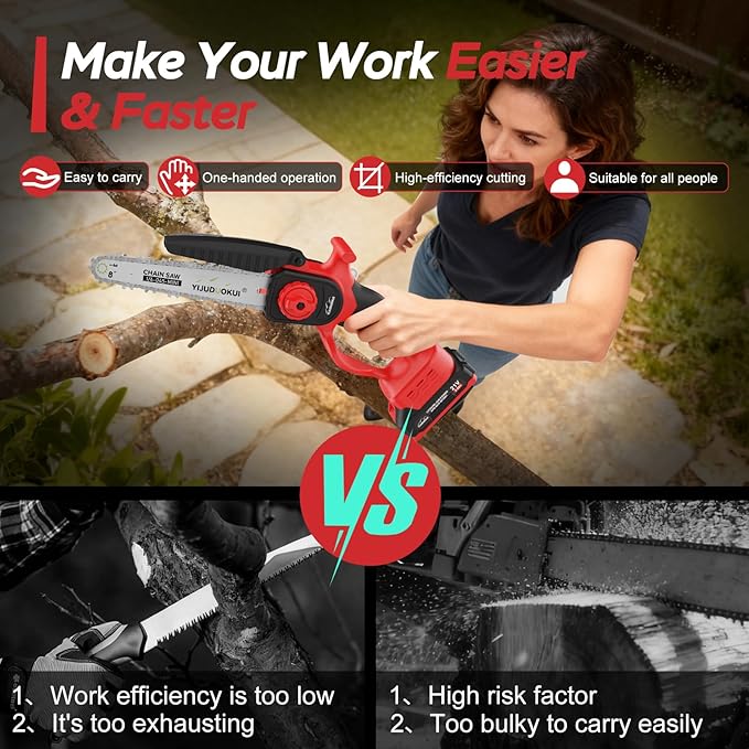 Mini Chainsaw Cordless 8inch, Portable Electric Chainsaw With Batteries,Small Handheld Battery Powered Chain Saw for Tree Trimming, Wood Cutting, Garden Pruning-Red