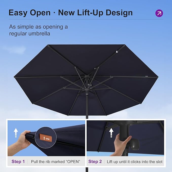 PURPLE LEAF 10Ft Round Semi-Auto Outdoor Patio Umbrella Aluminium Market Umbrella Table Sun Umbrella with 1.89" Rod and 8 Sturdy Ribs for Deck Lawn Pool Garden, Navy Blue