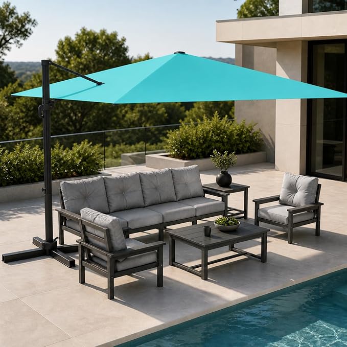 Kingdura 8' X 8' Cantilever Patio Umbrella with Base Included, Large Square Outdoor Offset Umbrella with 360-degree Rotation, Infinite Tilt, UV Protection for Pool Deck Garden Patio (Peacock blue)