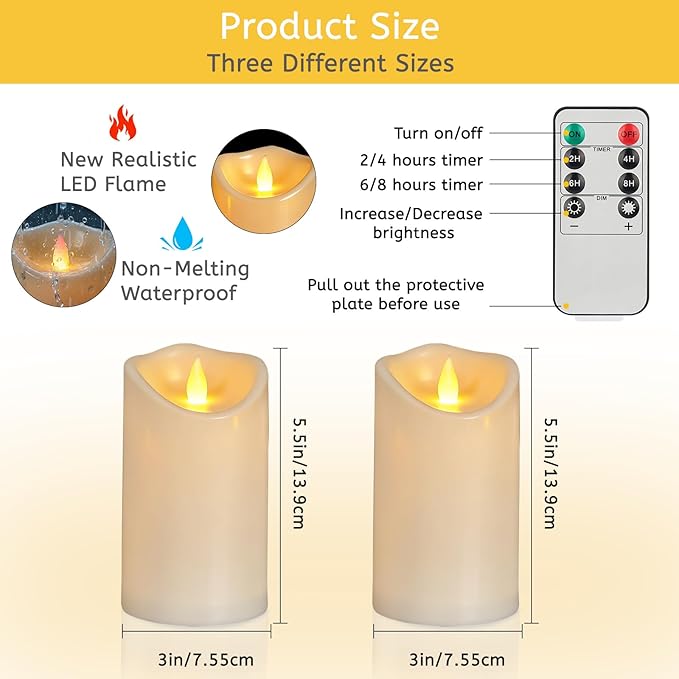 Flameless Candles 3"D X 6"H Set of 12 Outdoor Indoor Ivory Pillars Battery Operated Flickering Candles Include 8-Key Remote Timer Function, Ivory Waterproof Candles for Wedding, Aniversary Decor