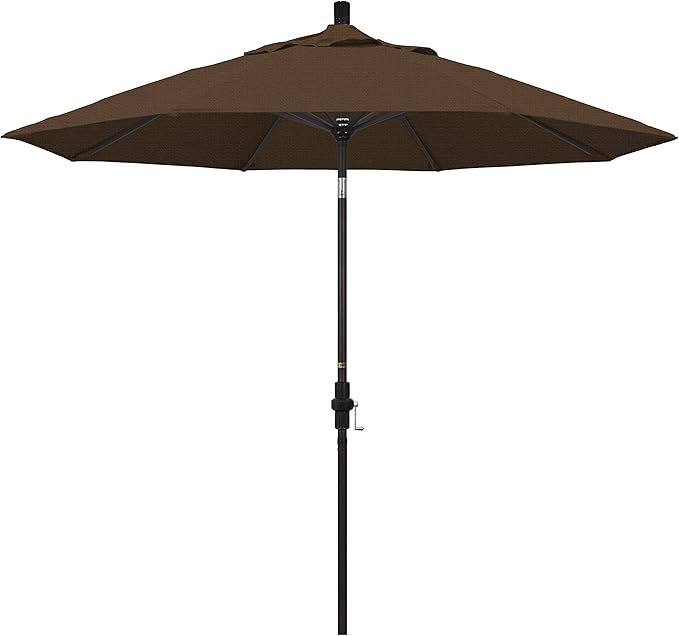 California Umbrella 9' Round Aluminum Market Umbrella, Crank Lift, Collar Tilt, Bronze Pole, Teak Olefin