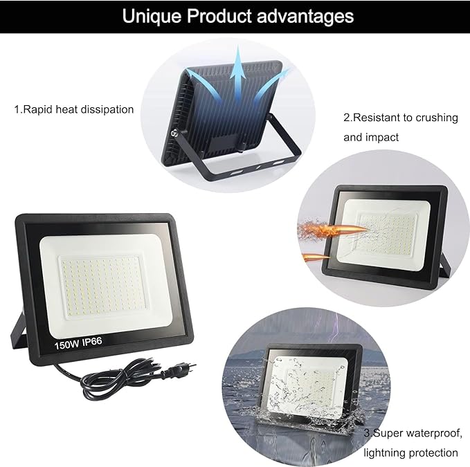 4Pack LED Flood Light Outdoor,150W LED Work Light 15500lmwith 6FT US Plug,IP66 Waterproof Exterior Security Lights,6000K Daylight White Outside Floodlights Slim Design for Playground Yard