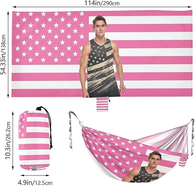 Pink American Flag Custom Outdoor Hammocks with Tree Straps Indoor Hammock for Outside Patio Backyard Poolside