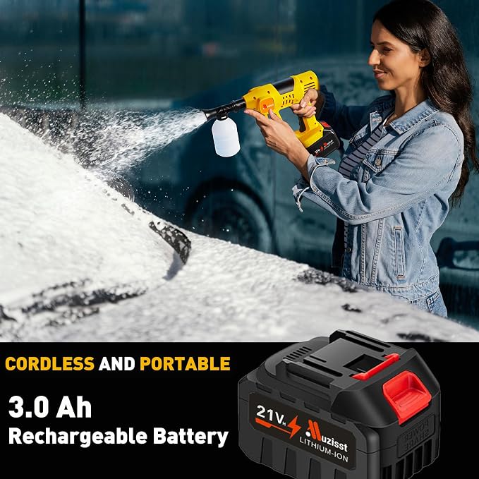 Cordless Car Washer, Portable Cleaning Tool with 6-in-1 Nozzle, 10-Speed Adjustment, Battery Level Display, Self-Priming System for Car, Garden, Patio & Floor Cleaning