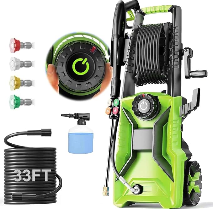 5000PSI Electric Pressure Washer, 2500-5000 PSI Adjustable Power Washer with 33ft Hose Reel, 4 Nozzles & Detergent Tank for Cars/Home/Driveways, Green