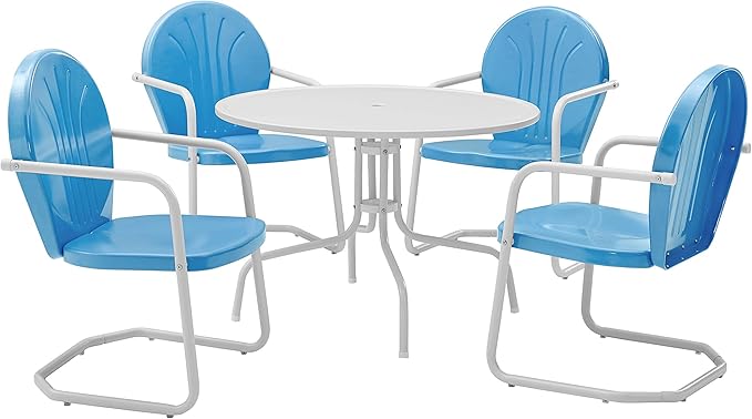 Crosley Furniture Griffith 5-Piece Outdoor Dining Set for 4, Retro Metal Round Patio Table and Chairs, Sky Blue