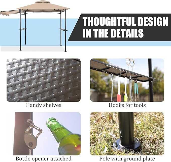 FAB BASED 5x8 Grill Gazebo with Extra Awning, All-Weather Steel Construction, Double Tiered & Resistant Canopy Roof, Metal Serving Shelves, 2 LED, Bottle Opener for Patio, Backyard, BBQ (Khaki)