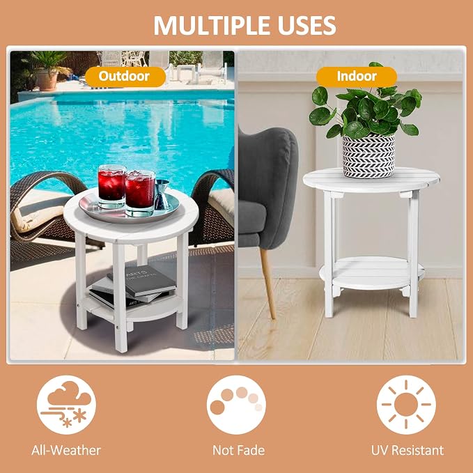 Round Adirondack Outdoor Side Table, 17.7" Small Patio End Table, 2-Tier HDPE Plastic Table for Poolside Porch Garden, Weather Resistant & Easy Assembly (White)
