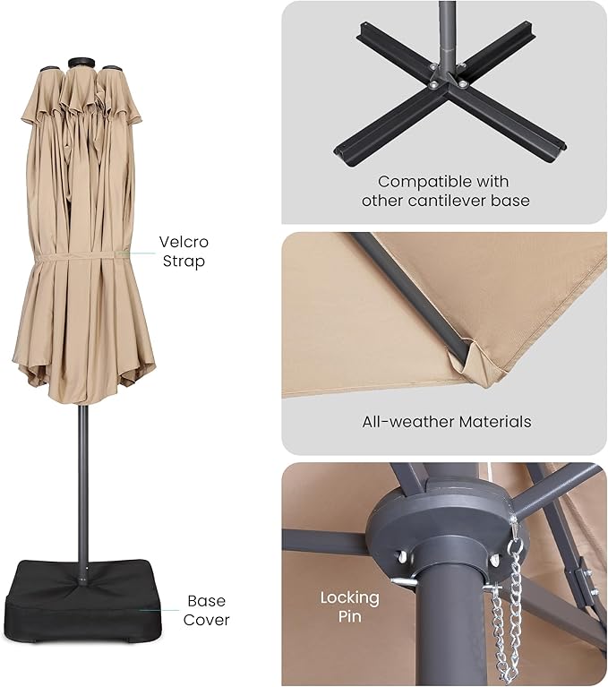 Home Zone Living 15x9 Ft Double Head Patio Umbrella with Base, 36 LED Lights, Sand Bags, UV Resistant & Waterproof, 213 LBS Total Weight, Beige Tan
