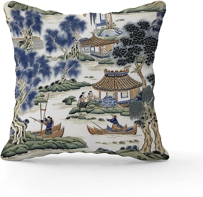 Asian Scenic Cushion Cases Blue and Green Chinoiserie Throw Pillow Cover Modern Throw Pillow Covers Farmhouse Decorative for Patio Furniture Tent Garden 16x16 in