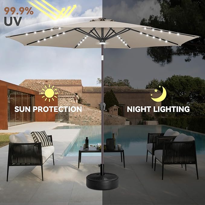11ft Solar Umbrella Outdoor - Lighted Solar Patio Umbrella with 40 LED Lights Waterproof UV Protection, Table Umbrella with Tilt for Pool, Porch, Garden, Deck, Backyard - Taupe