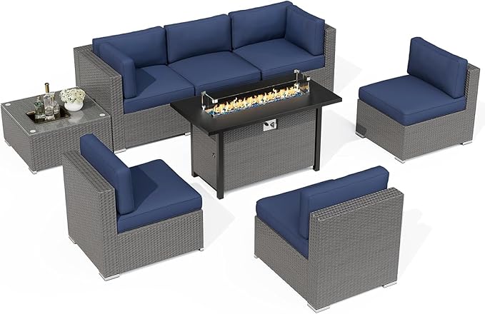 SUNCROWN 8-Piece Patio Furniture Set with Fire Pit Table, Outdoor Sectional Sofa, Grey Wicker Conversation Sofa Set with Coffee Table & Cushions, Dark Blue