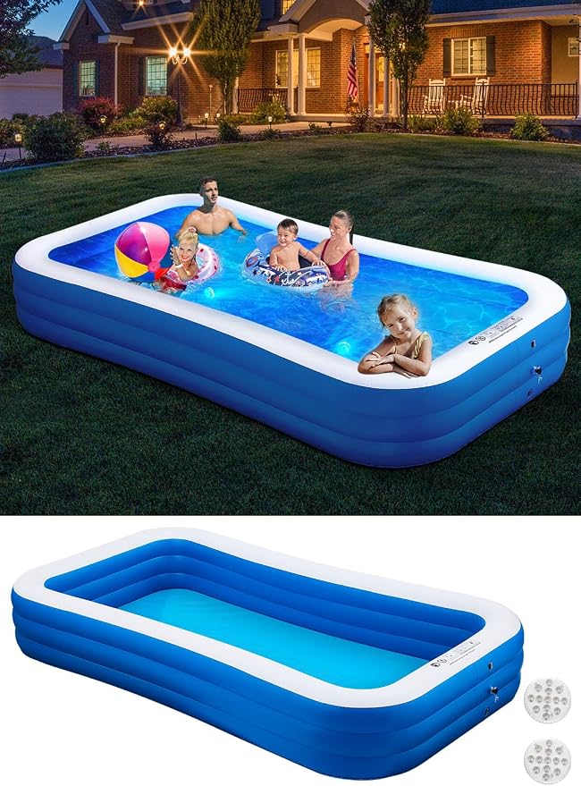 Inflatable Swimming Pool with Pool Lights, 130" x 72" x 22" Full-Sized Large Inflatable Family Pool, Summer Water Party, Outdoor, Garden Backyard, Suitable for Adults