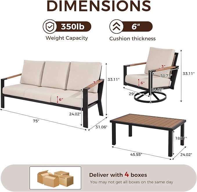 Natural Expression Patio Furniture Set, 4 Piece Metal Outdoor Conversation Set with 2 Swivel Rocker, 3-seat Sofa, Handwoven Wicker Back & Fauxwood Tabletop, 3" Wide Arm with 6" Cushion for Porch, Yard