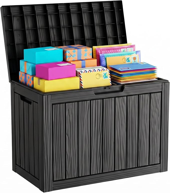 Package Delivery Box, Lockable Resin Outdoor Package, Waterproof Deck Box for Porches, Patios, Indoor & Outdoor Use (55 Gallon, Black)