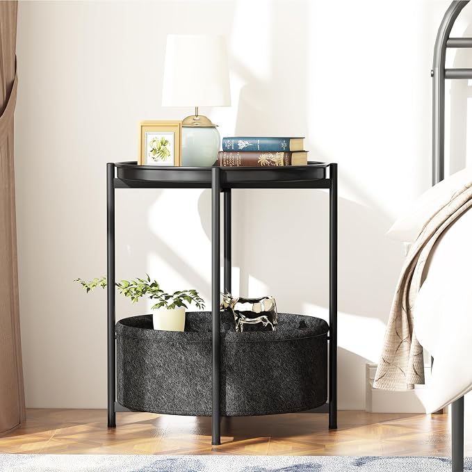 Garden 4 you Side Table with Fabric Storage Basket, Round Metal End Table, Small Bedside Table Nightstand with Removable Tray, for Nursery, Living Room, Bedroom, Bathroom, Black