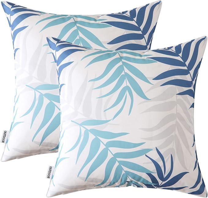 MIULEE Pack of 2 Decorative Outdoor Waterproof Throw Pillow Covers Patio Pillow Cases Natural Leaves Pattern Spring Square Cushion Shams Shell for Garden Balcony Couch 20x20 Inch, Blue