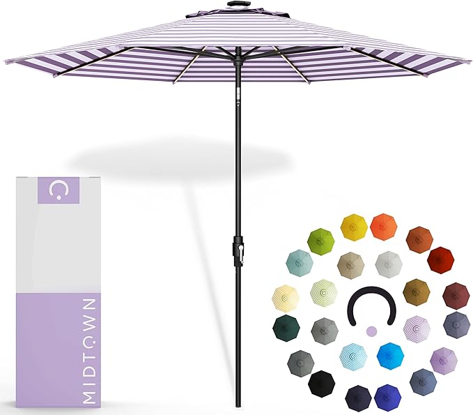 Midtown Umbrellas The LED Swilt 10 Feet Patio Umbrella With Terylast Midtown Stripes Purple/White Polyester Fabric - Auto-Tilt Aluminum Frame w/LED Light For Backyard, Deck, Garden, Pool - Black Pole