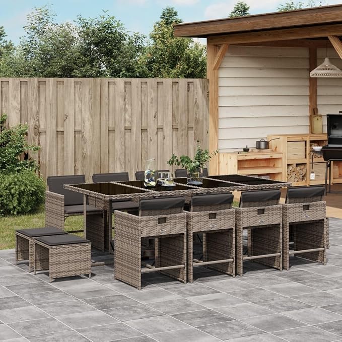 13 Piece Patio Dining Set with Cushions, Outdoor Rattan Dining Table Set for 8, Space-Saving Folding Chairs and Stools, UV Protected Gray Poly Rattan, Tempered Glass Easy 242. 5 lb Capacity