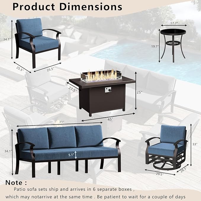 Patio Furniture Set 7-Piece Aluminum Armrest Sofa, Modern Outdoor Living Room Set with 55000 BTU Propane Aluminum Fireplace, Outdoor Rotary Joystick with Thick Cushion