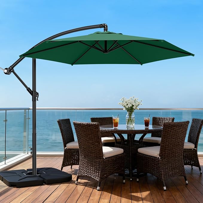 AreShark 10FT Patio Outdoor Umbrella, Offset Patio Umbrella Cantilever Umbrella, 6 Sturdy Ribs, Easy Adjustment for Garden Market Pool with Cross Base (Dark Green)