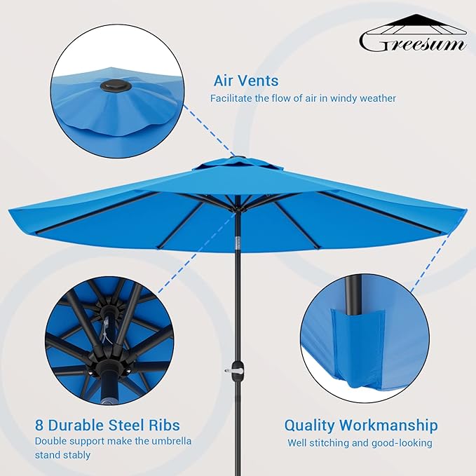 Greesum Patio Umbrella, Outdoor Table Umbrella with Push Button Tilt, Crank and 8 Sturdy Ribs