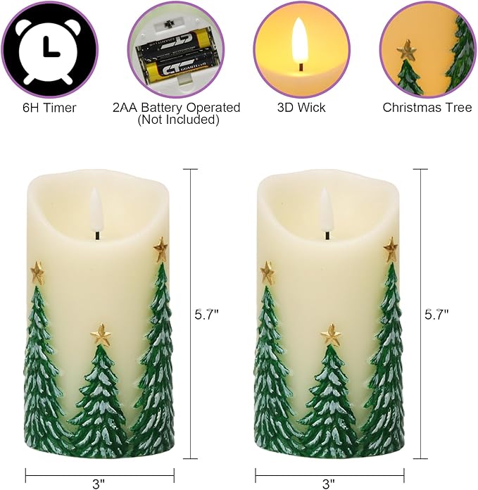 Christmas Tree LED Candles with 6H Timer, flameless Candles with Flickering Flame, Waxy Pillar 2 Pack Flickering Star Decor for Fall Christmas Decor (3 inches x 5.7 inches)