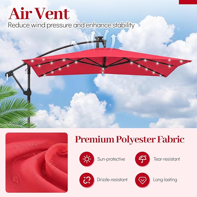 Tangkula 8x8 FT Solar Patio Umbrella with Base Included, Square Offset Cantilever Outdoor Umbrella with 360 Degree Rotation, 32 LED Lights, Crank Handle, 2 Sandbags, 8 Ribs, Air Vent for Pool Deck Garden Backyard